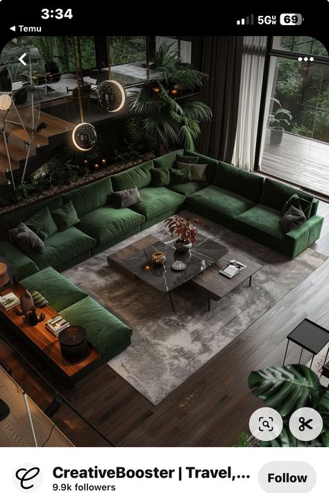 Home Green Aesthetic, Rooms With Emerald Green Sofa, Green Living Room Couch Ideas, Dark Green Gold Living Room, Emerald Green Home Decor Living Rooms, Dark Green Black And White Living Room, Green Couch Dark Floor, Fern Green Living Room, Green House Living Room