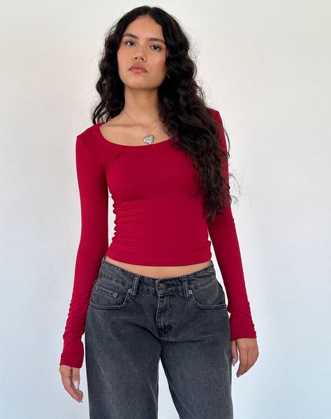 Adrenaline Red Extra Long Sleeve Top | Binlo – motelrocks-com-us Red Top Winter Outfits, Red Longsleeves Outfit, Red Top Outfit Casual, Longsleeves Outfit, Long Shirt Outfits, Red Top Outfit, Red Long Sleeve Top, Sixth Form, Red Long Sleeve Tops