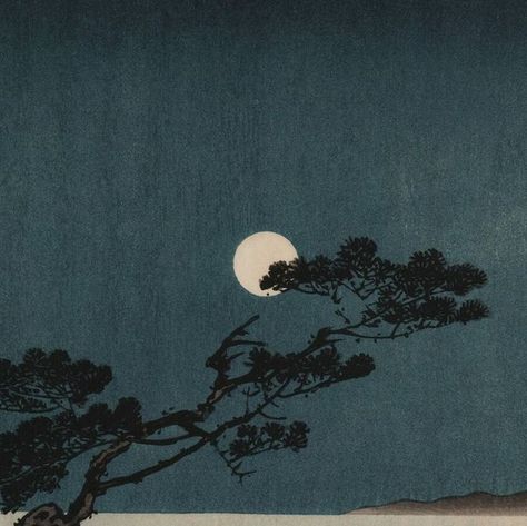 Nihonga Japanese Art, Japanese Art Prints Traditional, Moon Japanese Art, Japanese Art Wallpaper, Amaterasu Omikami, Japanese Trees, Sea Prints, Shin Hanga, Night Scenes