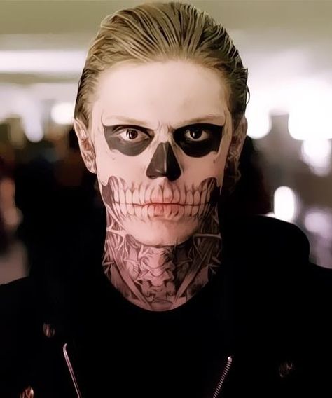 Evan Peters skull makeup from American Horror Story Skull Face Tattoo, Skull Makeup, Skull Face, Face Tattoo, Evan Peters, Horror Story, American Horror, American Horror Story, Face Paint