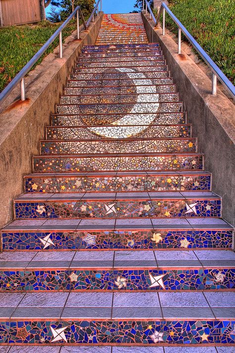 Tiled Steps, Mosaic Stairs, Tiled Staircase, Boho Lifestyle, Stairway To Heaven, Mosaic Art, My Dream Home, Stars And Moon, Mosaic Tiles