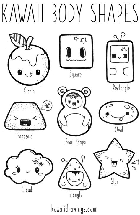 Kawaii body shapes, how to turn basic shapes into kawaii characters Basic Chibi Drawing, Basic Shapes Character Design, Kawaii Body Base, Basic Doodles For Beginners, Basic Drawing Ideas For Beginners, Kawaii Shapes, Basic Character Design, Shape Doodles, Simple Shapes Drawing