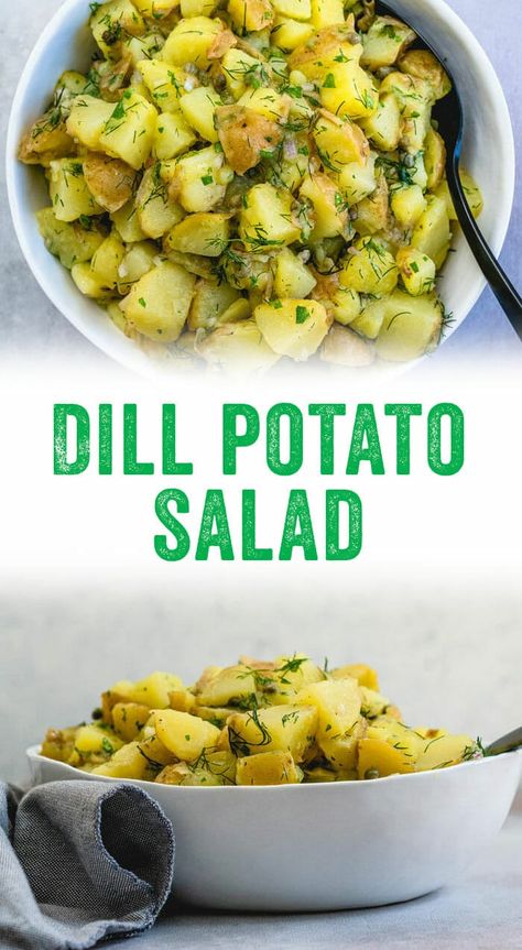 This tasty dill potato salad is just like Grandma's: it's bursting with fresh herbs and flavored with olive oil and vinegar. #dill #potato #salad #healthy #mealprep Using Dill Recipes, Potato Salad Easy, Bean Salad Dressing, Green Bean Potato Salad, Dill Potato Salad, Dill Potato, Food Potatoes, French Potato Salad, Potato Salad Dill