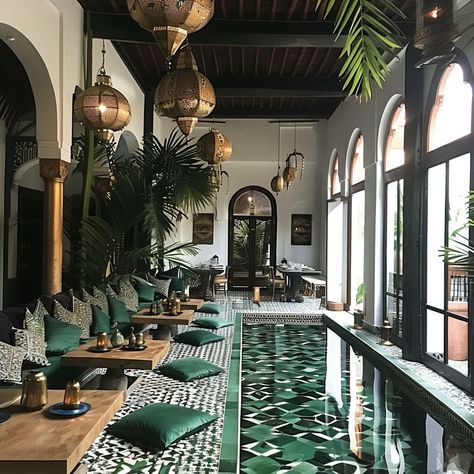 Who’s green with envy over this stunning Marrakech oasis?? 🙋🏻‍♀️ This estate exudes traditional Moroccan design with vibrant colors, intricate patterns, and rich textures. I especially love the use of arabesque motifs and arches in the doorways and openings. There’s just something about this style that invites you to come in and stay awhile….do you agree? Let me know your thoughts below!!👇 Conceptualized by @homescapedofficial ai . . . #marrakech #morocco🇲🇦 #moroccotravel #zelligetile #gr... Traditional Hotel Design, Morroco Pattern, Modern Moroccan Interior Design, Marocco Interior, Morocco Interior Design, Morocco House, Modern Moroccan Decor, Moroccan Style Home, Moroccan Colors