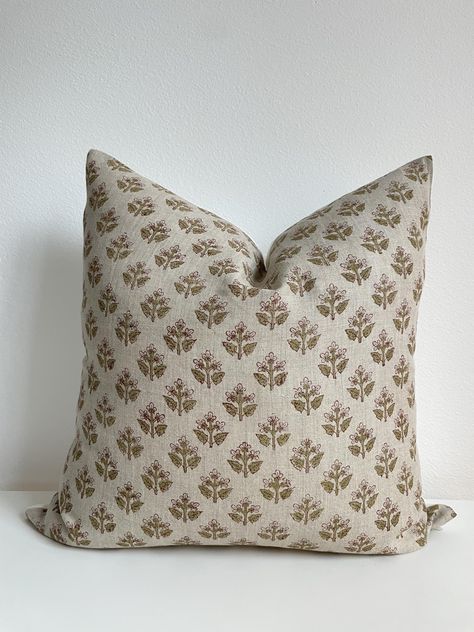 PRICES MAY VARY. Linen 100% Organic Linen Cora pillow cover features a brown, green and subtle pink floral pattern hand block printed on a sand colored natural linen fabric. Handmade pillow covers with intricate hand block printing on 100% organic linen front and 100% organic cotton duck-canvas reverse. Inserts not included; recommend going up 2" for a full look (eg, 20x20 cover fits a 22x22 insert perfectly). DRY CLEAN only; iron at medium setting if necessary. Slight variations and small imper French Country Pillows, Magnolia Home Decor, Pillow Combos, Throw Pillows Bedroom, Throw Pillows Living Room, Block Printed Pillows, Neutral Pillows, Vintage Cushions, Living Room Pillows