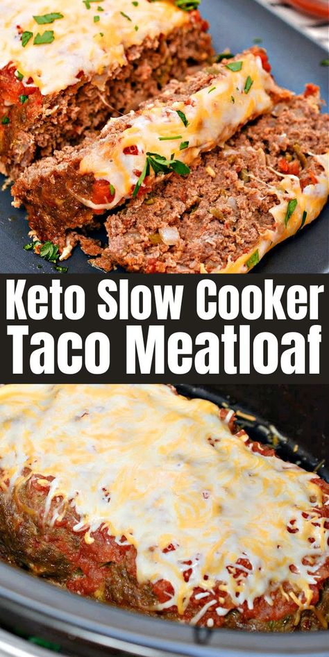 Keto Slow Cooker Taco Meatloaf - Can’t decide between tacos and meatloaf? Make both! Keto slow cooker taco meatloaf is just spicy enough to wake up your tastebuds. #keto #Ketorecipes #Ketodiet #Ketoslowcookermeatloaf #slowcookertacomeatloaf #slowcookerrecipes #crockpot #beef #dinner #food #recipes Keto Cheesy Meatloaf, Keto Crockpot Meatloaf, Slow Burning Carbs, Keto Taco Crockpot Recipes, Keto Crockpot Hamburger Recipes, Keto Taco Meatloaf, Keto Crockpot Meals Ground Beef, Easy Low Carb Recipes Crockpot, Easy Crockpot Recipes Keto