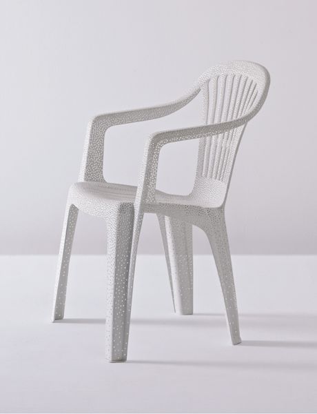 Punctured Monobloc Plastic Chair by Tina Roeder - Chair Blog Monoblock Chair, Chair Reference, White Plastic Chair, Plastic Chair Design, White Plastic Chairs, Famous Chair, Chair Drawing, Pod Chair, Thonet Chair