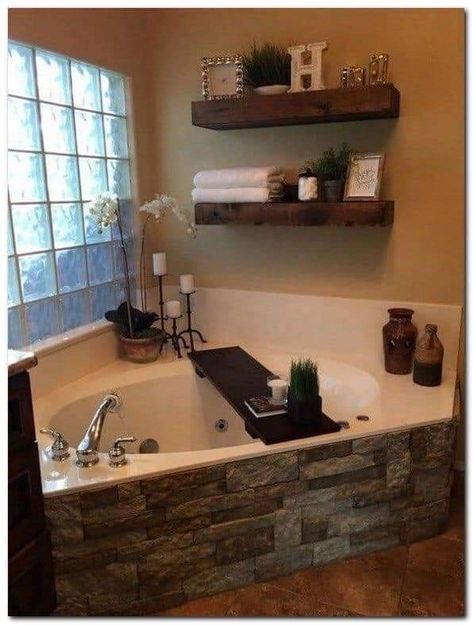 Farmhouse Bathroom Decor Ideas, Cozy Bathroom, Bathtub Decor, Corner Tub, Floating Shelves Bathroom, Diy Bathroom Storage, Bad Inspiration, Master Decor, Jacuzzi Tub