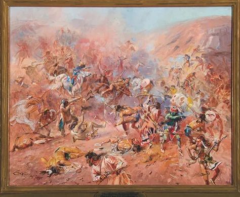 Charles Russell’s depiction of the chaos during the The Battle at Belly River between the Blackfoot and the Cree in Alberta, went for $409,500. Charles Marion Russell, Blackfoot Indian, Cowboy Artists, Helena Montana, Hudson River School, Western Artist, Beautiful Oil Paintings, American Painting, Cowboy Art