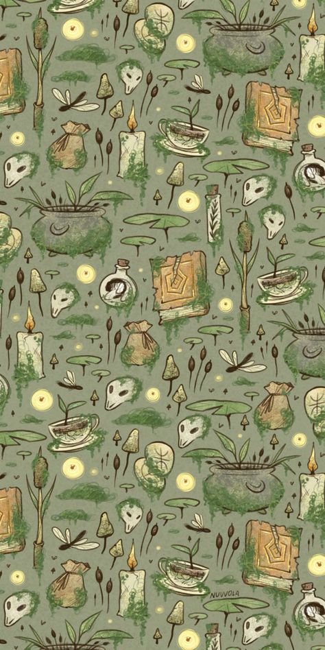 Spooky swamp witch aesthetic pattern for natural green witches with no fear to follow the obscure path of the dark arts! Mix herbs and mushrooms with insects and use the rune stones to brew powerful potions. Happy Halloween! Do you like this messy, grunge style? It kinda gives me the Witcher 3 Wild Hunt vibes, maybe because I'm playing it right now and there are a lot of swamps in there LOL I can totally see Geralf of Rivia looting objects like those after defeating monsters and witches 🌿 Swamp Witch Aesthetic, Spooky Swamp, Green Witch Aesthetic, Mushroom Background, Swamp Witch, Witch Pattern, Witch Wallpaper, Nature Witch, Mushroom Wallpaper