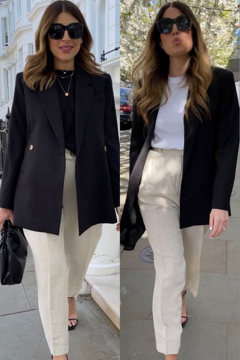 Cream Pants Street Style, Black Blazer Styling Women, Blazer Work Outfits Women, Black Blazer Outfits For Women Work, Cream Blazer Outfits For Women, Cream Blazer Outfit, Office Lookbook, All Black Outfits For Women, Outfits Blazer