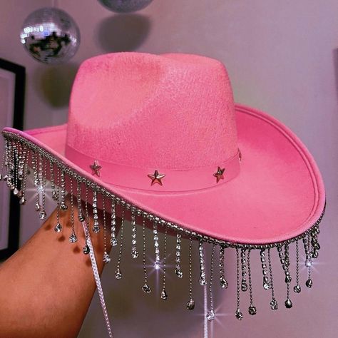 Disco babes pink cowboy hat with diamond trim. - Depop Karol G Cowboy Hat, Pink Space Cowgirl Hat, Diy Pink Cowboy Hat, Taylor Cowboy Hat, Cowgirl Pink Hat, Cowboy Party Hat, Sparkly Cowboy Outfit, Pink Sparkly Cowboy Hat, Diy Cowgirl Hat Ideas Pink