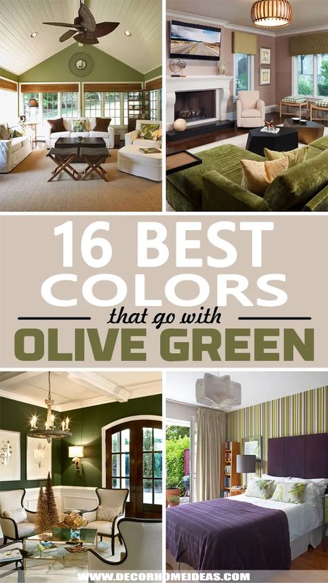 best interior colors that go with olive green Bedroom With Olive Green Walls, Wall Colors For Green Couch, Olive Green Couch Living Room Ideas Color Inspiration, Olive Green Room Color Scheme, Light Olive Green Color Palette, Olive Green And Cognac Living Room, Cream Olive Green Living Room, Paint Colors For Olive Green Couch, Olive Green And Purple Living Room