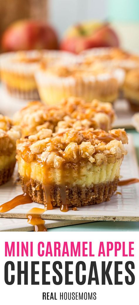 Mini Caramel Apple Cheesecakes, Caramel Apple Cheesecakes, Caramel Apple Cheesecake Cupcakes, Caramel Mini Cheesecakes, Mini Cheesecakes Caramel, Apple Crumble Cheesecake Cupcakes, Carmel Apple Cheesecake Bites, Caramel Apple Cheesecake Bars Easy, Apple Crumble Mini Cheesecake