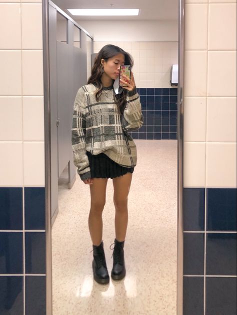 Jadon Dr Martens Outfit Fall, Sweater Skirt Doc Martens, Outfits Styled With Doc Martens, Doc Martens Outfit Inspiration, Sweater Dress Outfit Aesthetic, Fall Grandpa Sweaters, Plus Doc Martens Outfit, Autumn Doc Martens Outfit, Doc Marten Sinclair Outfit