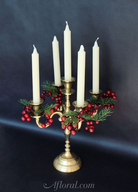 Christmas Candleabra Centerpiece, Christmas Candelabra Decor, Christmas Candleabras, Candleabra Ideas, Unity Candle Diy, Candelabra Flowers, Christmas Candelabra, Williamsburg Christmas, Gold Candelabra