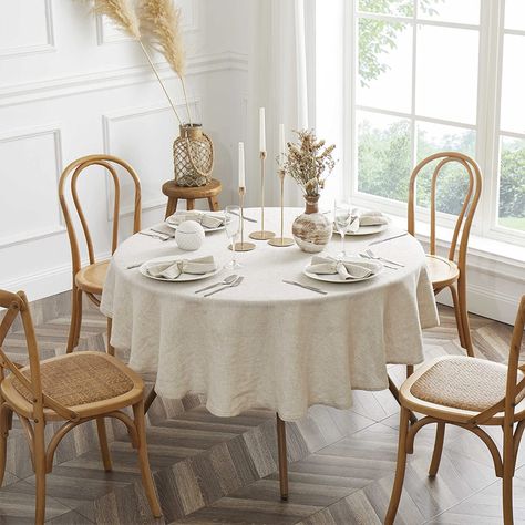 Round Table Square Tablecloth, Round Table Cloth Ideas Dining Rooms, Table Cloth Round Tables, Dinning Room Table Cloth Decor, Kitchen Table Tablecloth, Round Dining Table Tablecloth, Round Dining Table With Tablecloth, Circle Table Cloth, Modern Table Cloth Ideas