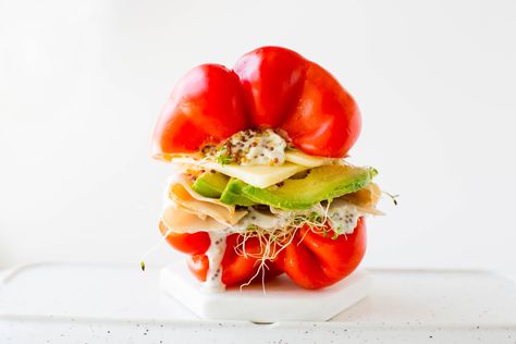 The Ultimate Bell Pepper Sandwich - Perfect Keto Autumn Bates, Bell Pepper Sandwich, Red Pepper Sandwich, Low Carb Sandwiches, Pepper Sandwich, Smoked Turkey Breast, Bread Alternatives, Sweet Pepper, Healthy Sandwiches