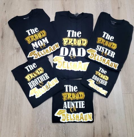 Proud family themed shirt. Custom with your graduates name Choose your school colors to match  Unisex: Gildan Brand 6 oz, 100% cotton preshrunk jersey knit Mom Of The Graduate Outfit, Graduation Tshirt Ideas For Family, Graduation Mom Outfit Ideas, Graduation Tshirt Ideas, Graduation Shirt Ideas For Family, London Graduation, Family Graduation Shirts, Graduation Shirts For Family, Proud Family