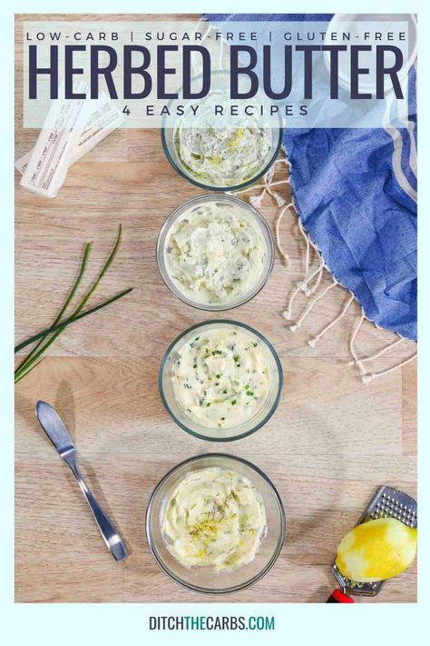 How to make 4 creamy herb butter recipes. Garlic butter, chive butter, lemon and ill butter, blue cheese butter, rosemary and lemon butter. Perfect for keto garlic bread. Verses About Mothers, Keto Garlic Bread, Blue Cheese Butter, Bible Verses About Mothers, Herbed Butter, Steak With Blue Cheese, Herb Butter Recipe, Easy Mediterranean Diet Recipes, Compound Butter