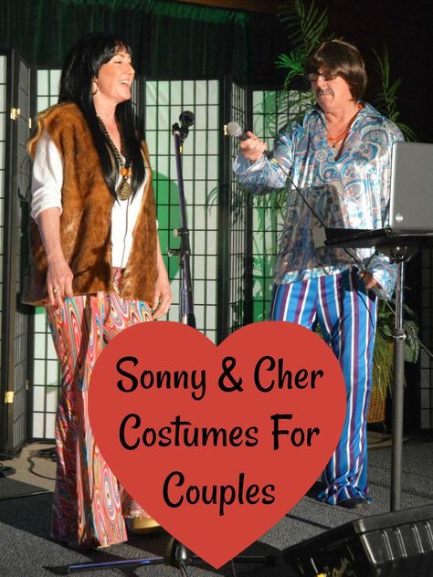 Sonny And Cher Halloween Costumes For Couples Are Far Out, Man!  #60s #costumesfor couples Sonny Cher Halloween Costume, Sonny Cher Costumes, 60s Couple Costume, Sonny And Cher Costume Halloween Diy, Sonny And Cher Outfits, Sunny And Cher Costume, Sonny And Cher Costume Halloween, Sonny And Cher Costumes, Sonny And Cher Costume