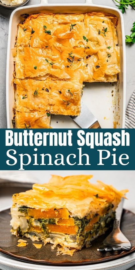 Get ready to fall in love with this Butternut Squash and Spinach Pie! The sweetness of roasted squash, the savory spinach, and the creamy goodness of feta cheese are all nestled between layers of crispy, buttery, golden phyllo. Veggie Casserole Recipes, Butternut Squash And Spinach, Butternut Squash Pie, Butternut Squash Spinach, Cheese Pie Recipe, Squash Pie, Veggie Casserole, Spinach Pie, Savory Dinner