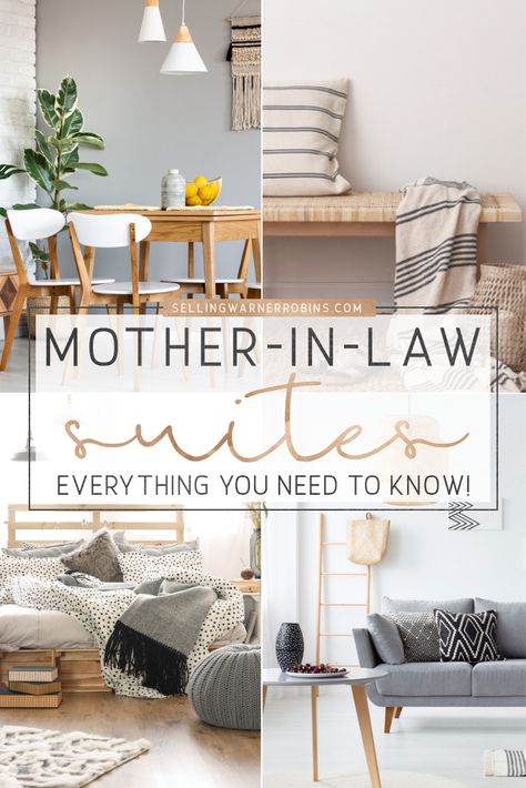 Mother-law-suites are growing in popularity with seniors moving in with their grown children. Check out this helpful guide on everything you need to know to create a comfortable mother-in-law suite on a budget. #realestate #realestatetips #hometips #inlawsuite #grannyflat #seniorliving #seniors #retirement Farmhouse Mother In Law Suite, Mother In Law Basement Suite, Inlaw Suite Decor, Modern In Law Suite, Small Mother In Law Suite Kitchenettes, Small Mother In Law Suite Studio Apartment, Mother In Law Suite Kitchenette, 700 Sq Ft Mother In Law Suite, Mother In Law Suite Kitchen