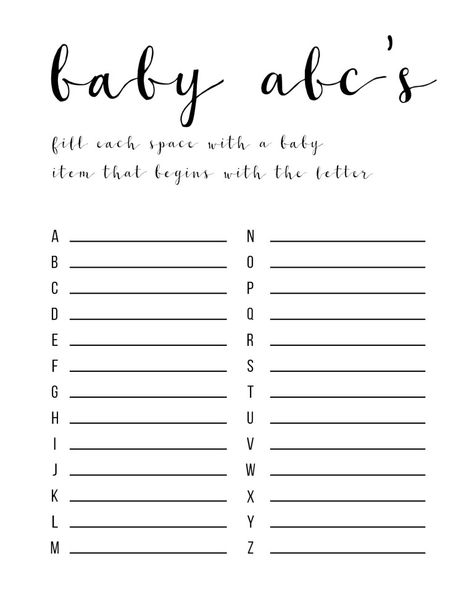 Baby Shower Games Ideas {ABC game free printable} - Paper Trail Design Baby Shower Games Ideas, Baby Abc Game, Baby Shower Games For Large Groups, Abc Baby Shower, Imprimibles Baby Shower, Office Baby Showers, Easy Baby Shower Games, Abc Game, Free Printable Baby Shower Games