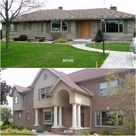 Before & After. Second floor addition and complete renovation of the exterior. Martin Brothers expanded a 1,700 sq. ft. ranch vertically to create an elegant 4,500 sq. ft. two story home. Large Ranch House, Rancher Renovation, California Rancher, Ranch House Additions, Addition Exterior, Ranch Home Remodel, Second Floor Addition, Second Story Addition, House Additions