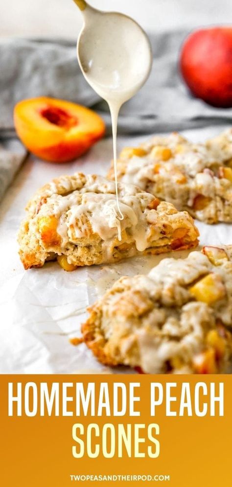 Peach Scones- fluffy, buttery scones dotted with fresh peaches and finished with a sweet honey vanilla glaze. These homemade scones are going to become your new favorite breakfast treat. Peach Cobbler Scones, Peach And Honey Recipes, Baking Recipes Peaches, Nectarine Scones Recipe, Peach Scones Recipe Homemade, Fresh Peach Scones, Sourdough Discard Peach Scones, Peach Pie Scones, Fresh Peach Recipes Breakfast