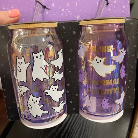 Perfect For Cat Lovers! The Cutest Spooky Season Purple Glass Tumblers/Sipper Cups. Perfect For Iced Coffee And Other Cool Drinks. Set Of 2 New In Box. 2 Different Designs Will Pack With Care And Ship Quickly From A Smoke Free Home. Check Out My Closet For Other Rae Dunn, Disney, Hello Kitty, Harry Potter, And Seasonal Decor Items, Summer, Mushrooms, Cherry, Strawberry, Cat And Dog Themed Items, Halloween, And Other Holiday Decor In My Closet. Bundles Of Two Or More Items Are Discounted But Plea Disney Hello Kitty, Rae Dunn Disney, Strawberry Cat, Cool Drinks, Cherry Strawberry, Cat Ghost, Holiday Throw, Glass Tumblers, Ghost Cat