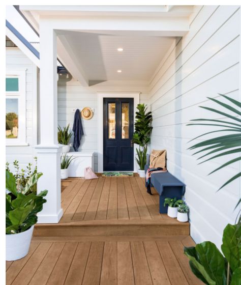 A nice neutral stain against a white house: Resene Woodsman Driftwood Stain Hamptons House Exterior, Painted Outdoor Furniture, Weatherboard House, Beachy Chic, Beach House Exterior, Exterior Color Schemes, Casa Exterior, Mobil Home, Hamptons House