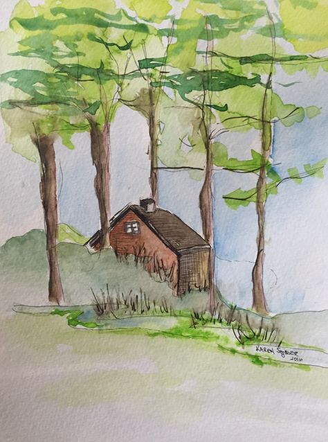 Watercolor Cabin On The Lake, Watercolour Cabin In The Woods, Log Cabin Watercolor, Watercolor Cottage Simple, Watercolor Cabin In The Woods, Cabin Watercolor Painting, Cabin In The Woods Drawing, Cabin In The Woods Painting, Watercolor Cabin