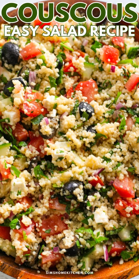 Couscous Salad in a bowl. Coucous Salad Mediterranean, Mediterranean Couscous Salad Recipes, What To Make With Couscous, Recipes For Couscous, Salad That Goes With Fish, Easy Couscous Salad, Cuscus Salad Recipes, Coucous Salad Recipes Feta, Couscous Recipes Salad