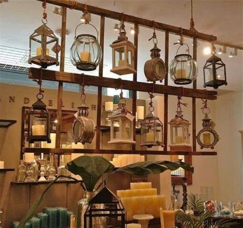 Great idea for lantern collection, maybe even room divider.  outdoor event space? Driven By Decor, Old Ladder, Deco Champetre, Store Ideas, Home Decor Online, Christmas Store, Store Displays, Shop Interiors, Hanging Shelves