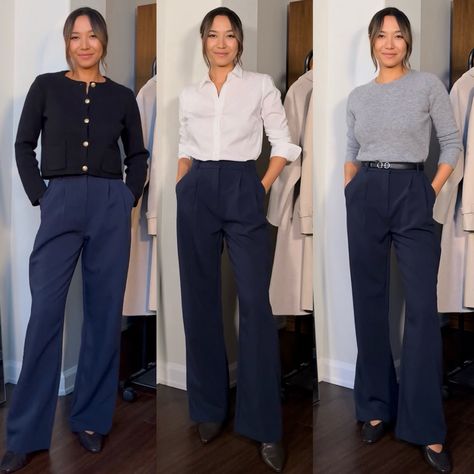 Women's A&F Sloane Tailored Pant curated on LTK Navy Pleated Pants Outfit, Navy Blue Interview Outfit Women, Navy Ankle Pants Outfit, Navy And Gray Outfit, Navy Tailored Pants Outfit, Styling Navy Blue Pants, Navy Blue Trousers Outfit Women Classy, Blue Slacks Outfit, Navy Wide Leg Pants Outfit