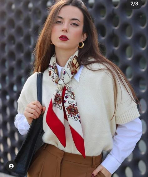 Scarf And Suit Outfit, Old Money Outfits With Scarf, Silk Scarf Business Outfit, Neck Scarves Outfit, Neck Hankerchief Outfits, Outfit With Scarf Around Neck, Small Scarf Outfit, Red Scarf Outfit, Neck Scarf Outfit