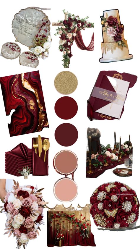 Colors Pomegranate Wedding Color, Red Wedding Theme Color Schemes, Red Color Palette Wedding, Wine Red Wedding Theme, Fall Wedding Colors Burgundy, Wine And Gold Wedding, Burgundy Blush And Gold Wedding, Maroon Wedding Theme, Rose Gold And Burgundy Wedding