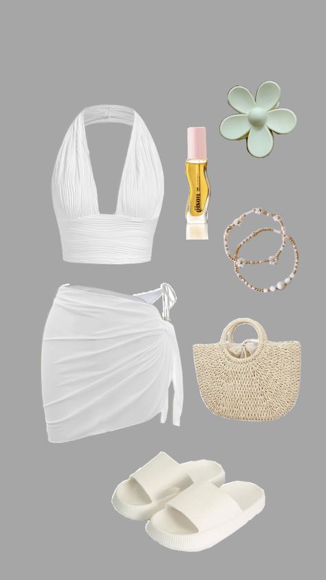 #summer #beach #holidays #vacation #beachday #ocean #white #lipoil #clawclip #outfit #outfitinspo Outfit For Boat Cruise, Classy Holiday Outfits Summer, Cruise Essentials For Women, Beach Date Night Outfit, Beach Picnic Outfit, Outfits For Greece, Classy Beach Outfit, Thailand Outfits, Shuffles Summer