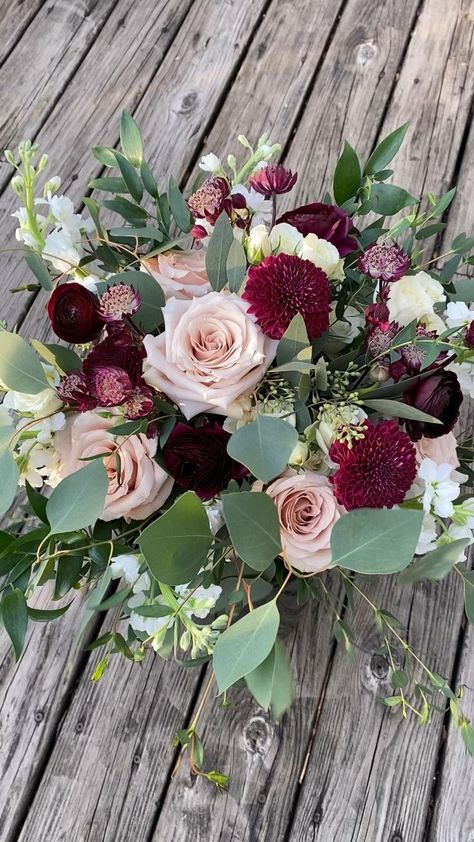 Flowers For Burgundy Wedding, Burgundy And Blush Floral Arrangements, Burgundy Blush Flowers, Blush Pink And Burgundy Wedding Flowers, Pink And Maroon Flower Arrangements, Blush Burgundy Green Wedding, Sage Green And Burgundy Wedding Cake, Berry And Sage Wedding, Fall Burgundy Floral Arrangements