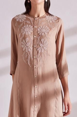 Shop for Namrata Joshipura Beige Sand Wash Embroidered Tunic for Women Online at Aza Fashions Cotton Tunics For Women, Namrata Joshipura, Plain Suits, Tunics For Women, Tunics Online, Cotton Suits, Embroidered Tunic, Ethnic Fashion, Indian Outfits