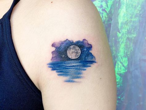 Ocean And Stars Tattoo, Ocean Tattoo Ideas, Night Sky Tattoos, Reflection Tattoo, Circular Tattoo, Sky Tattoos, Night Tattoo, Ocean Tattoo, Water Tattoo