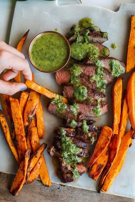 Chimichurri Steak Frites - Dash of Mandi Cilantro Chimichurri, Blue Cheese Stuffed Olives, Chimichurri Steak, Baked Coconut Shrimp, Crispy Sweet Potato Fries, Crispy Sweet Potato, Grilled Flank Steak, Dream Food, Steak Frites