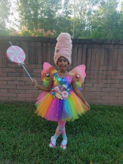 Candy fairy costume with cotton candy wig  Etsy Candy Custome Ideas, Candy Fairy Costume Diy, Sugar Plum Fairy Costume Diy, Candy Fairy Makeup, Candy Monster Costume, Candy Witch Costume, Candy Costume Kids, Candy Land Outfit Ideas, Candy Queen Costume