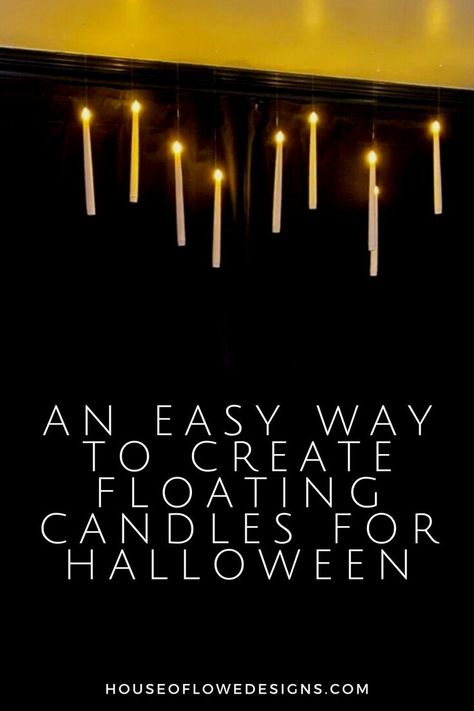 Floating Candle Sticks Halloween, Halloween Candle Decorations, Cheap Easy Decorating Ideas, How To Do Floating Candles, Diy Halloween Candle Decorations, Making Floating Candles, Floating Lights Halloween, How To Hang Candles From Ceiling, Hanging Floating Candles