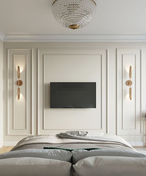 Modern Wall Panelling Design Interiors, Waincosting Bedroom, Wall Paneling Tv Wall Ideas, Headboard Wall Panelling, Moulding Tv Wall, Tv Molding Wall, Wall Moulding Tv, Bedroom With Molding On Walls, Bedroom Decor Tv Wall