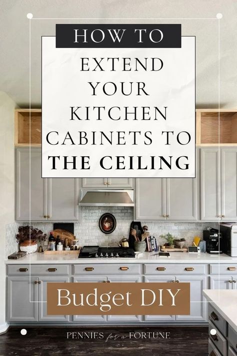 Above Upper Kitchen Cabinets, Upper Cabinet Space Ideas, How To Build Up Kitchen Cabinets, Build Up Kitchen Cabinets To Ceiling, Build Upper Cabinets To Ceiling, Adding Trim To Top Of Kitchen Cabinets, Cabinets Above Cabinets In Kitchen, Diy Kitchen Cabinet Toppers, Adding Above Kitchen Cabinets