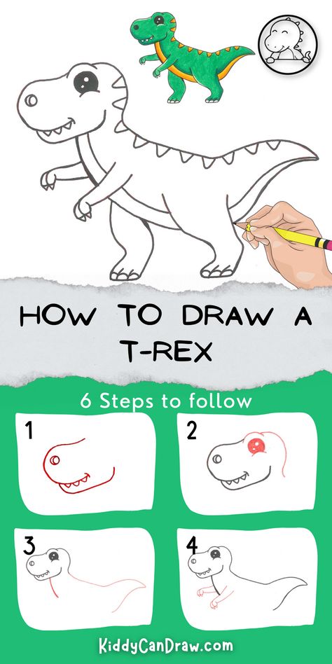 Welcome to our kiddy can draw, fun step by step drawing tutorial. Today, we are going to draw a Tyrannosaurus Rex (T-Rex). The terrific T-Rex was a seriously big beast growing up to 12m long and 6m tall. These amazing dinosaurs were carnivores, meaning they ate meat. And they were super smart too with a brain twice as big as those of other giant carnivores. Now, grab a paper and a pencil or a marker and let's start drawing. How To Draw T Rex Step By Step, Trex Dinosaur Sketch, How To Draw Trex Dinosaur, How To Draw A Trex Dinosaur For Kids, Trex Drawing Dinosaur, Dinosaur Chalk Art Easy, Dino Chalk Art, How To Draw A T Rex Easy, How To Paint Dinosaurs