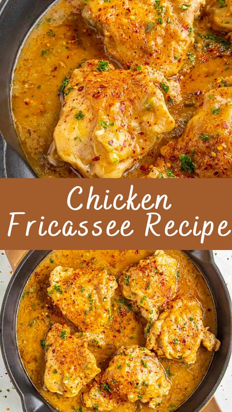 Chicken Fricassee is a classic French dish that combines the tenderness of stewed chicken with the richness of a creamy white sauce. This comforting dish is perfect for family dinners, bringing a touch of elegance and heartiness to the table. Its combination of flavors and textures makes it a favorite in many households. Best French Dishes, Chicken Friccasie, Chicken Frickazee Recipe, Airline Chicken Breast Recipes, British Chicken Recipes, Quick Hearty Dinner Recipes, Chicken Fricasé, Chicken Carcass Recipes, French Recipes Authentic Dinner