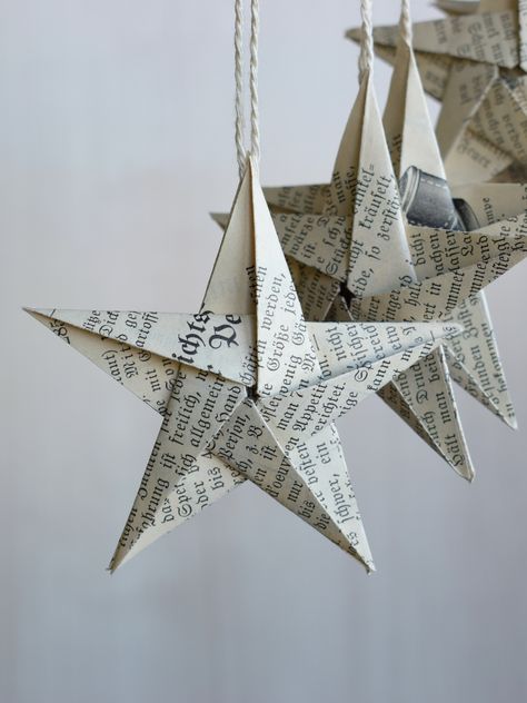 Origami stars Antique book page hanging ornaments from OldPaperCrafts Hanging Star Origami, Newspaper Christmas Ornaments, Book Paper Ornaments Diy, Origami Star Ornament, Origami Room Decor, Origami Hanging Decorations, Hanging Origami, Stars Origami, Star Origami